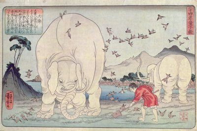 Vierundzwanzig Vorbilder: Tai Shun und die Elefanten, veröffentlicht um 1830 von Utagawa Kuniyoshi